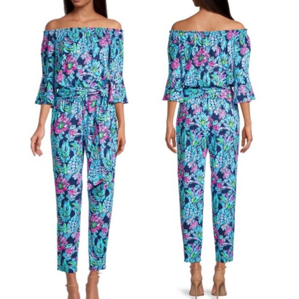 Lilly Pulitzer Calla Off The Shoulder Floral Jumpsuit in Blue and Pink size Smal